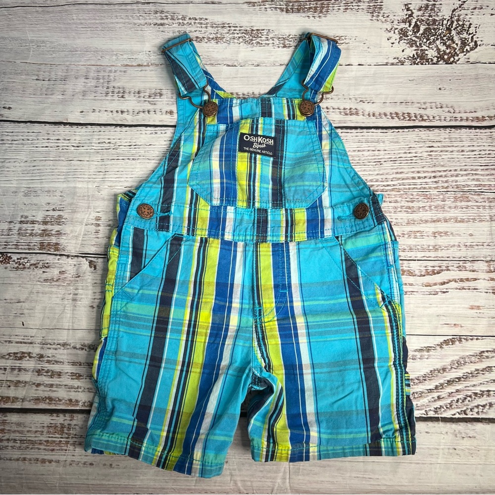 Osh Kosh Bgosh Overalls Boys 12 Months Blue Green Plaid Short Alls